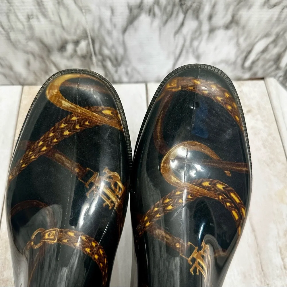 Ralph Lauren Black Gold Chain Horse Tack Pattern Rubber Rain Boots Farmcore